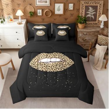 Imagem de Erosebridal Jogo de cama solteiro com estampa de leopardo e lábios de guepardo, 7 peças, para crianças, adolescentes, adultos, marrom, preto, lantejoulas, romântico, dia dos namorados, safári, vida