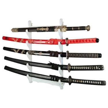 Imagem de pcagfaajmh Suporte de parede de 1 a 6 níveis, suporte de espada samurai, suporte de arma de arte marcial, suporte de espada multicamadas de madeira, cabide de parede Katana (branco 5) (branco 5