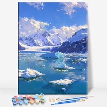 Imagem de HUINORYA Glacier Bay Alaska Tela emoldurada DIY Kit de pintura por números bar café caverna sala de casa parede banheiro varanda pátio decoração presente, 40,6 x 30,5 cm