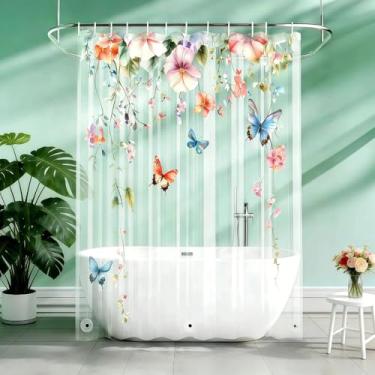 Imagem de CAPQL Forro de cortina de chuveiro de borboleta floral colorida transparente, cortinas de chuveiro de plantas bonitas de plástico para banheiro, conjunto de cortina de chuveiro magnética ponderada 182