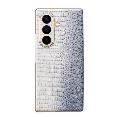 Imagem de LYJSMGZ Capa de couro genuíno para Samsung Galaxy Z Fold 7, capa galvanizada à prova de choque com textura de pele de crocodilo suporta carregamento sem fio, branca, Z Fold 7