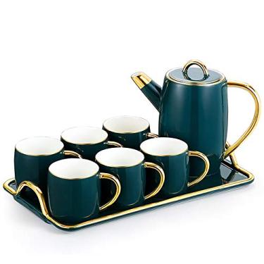 Imagem de Conjunto de chá 8 peças estilo nórdico porcelana vitrificada serviço de café e chá com 6 peças xícaras e bandeja de café chá da tarde conjunto de chá de cerâmica doméstico (cor: verde tamanho