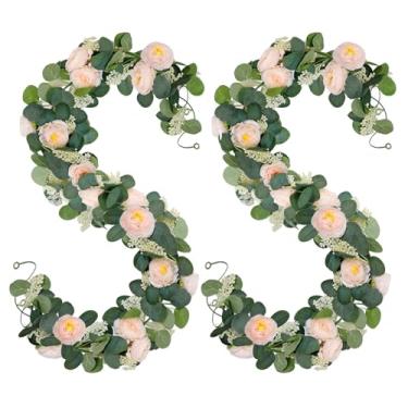Imagem de Zerzsy Pacote com 2 guirlandas de flores falsas de videira vegetal artificial, guirlanda rosa floral de 1,8 m, guirlanda de eucalipto, videira suspensa de seda sintética para decoração de quarto de