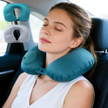 Imagem de Travesseiros portáteis de viagem, travesseiro inflável confortável em forma de U para levar aviões, carros e trens, Verde
