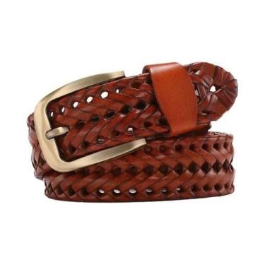 Imagem de Cinto Masculino De Couro Genuíno Trançado Com Fivela Dourada De Alta Q