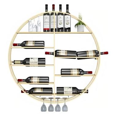 Imagem de Rack de vinho de metal dourado montado na parede - Prateleiras redondas flutuantes, prateleira de exibição de garrafa de licor industrial com suporte para copo de vinho, design que economiza espaço