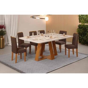 Imagem de Conjunto: Mesa Sala Jantar Celeste c/ Tampo Madeirado c/ Vidro Retangular 160x90cm e 6 Cadeiras Zoe Freijo/Off White - Suede Moca - DJ Móveis