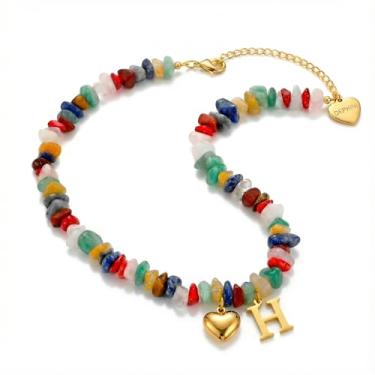 Imagem de DEPHINI Colar feminino banhado a ouro 18 K, colar com contas coloridas de pedras preciosas naturais com pingente de coração e letra do alfabeto, joia personalizada boho de aço inoxidável para presente