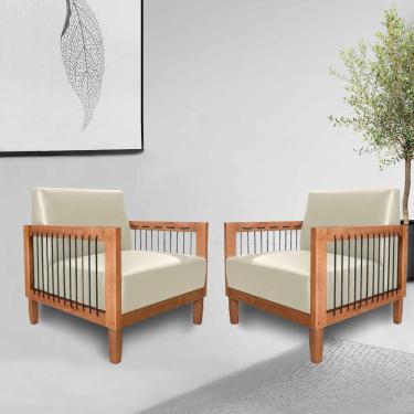 Imagem de Kit 2 Poltronas Sala de Estar Pés Madeira Maciça Corda Náutica Preta 75cm Manila PU Bege G63 - Gran Belo