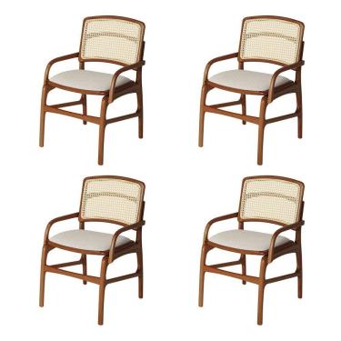 Imagem de Conjunto 4 Cadeiras De Jantar Florença Em Madeira Jequitibá Terra Braço Encosto Palha Linho Bege