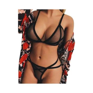 Imagem de Conjunto De Lingerie Sexy Feminina Em Tule Sólido Com Sutiã Transparen