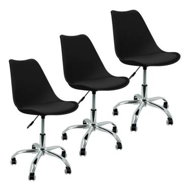 Imagem de Kit 3 Cadeiras Home Office Leda Giratória, Base Cromada Com Rodízios, Regulagem De Altura,preto