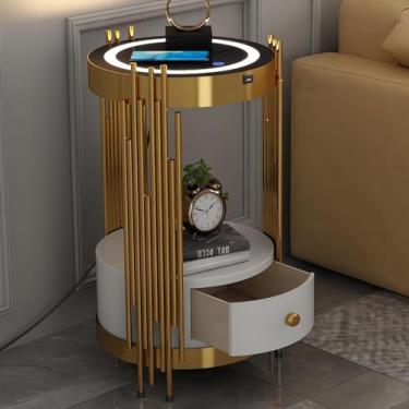 Imagem de Mesa De Cabeceira Led Inteligente Com Gavetas, Mesa Lateral Redonda De Sofá De 14 Polegadas Com Estação De Carregamento De Porta Usb, Mesa De Café Pequena, Mesa Lat, Gold, White drawers