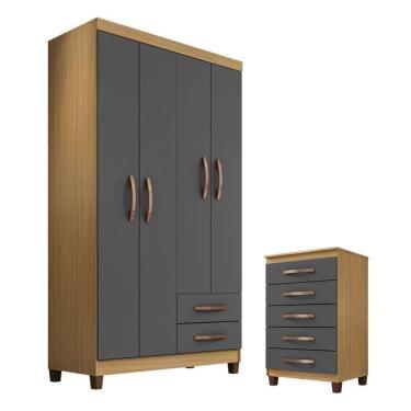 Imagem de Guarda Roupa Solteiro Modena 4 Portas com Cômoda Gaveteira Cannes Carvalho Americano Grafite – Incorplac