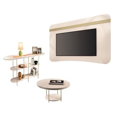 Imagem de Painel Suspenso Armony Off White Champanhe com Mesa de Centro Sky e Aparador Infinity Off White - HB Móveis