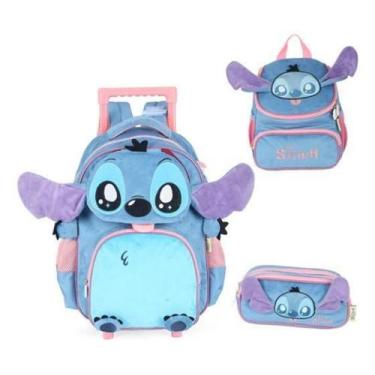 Imagem de Kit Mochila Rodinhas Stitch Angel Pelúciado Apliques Em 3D - Luxcel