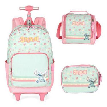 Imagem de Kit Mochila Com Rodinhas Escolar Stitch E Angel Original, Verde