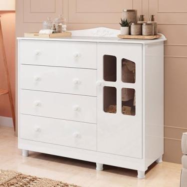 Imagem de Cômoda Infantil Elô 1 Porta 4 Gavetas 100% Mdf 4463 Branco Brilho - Mó