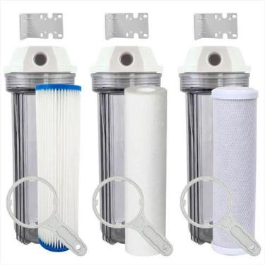Imagem de Kit 3 Estágio Filtro Agua Pura Cavalete Entrada Caixa Pia Transparente