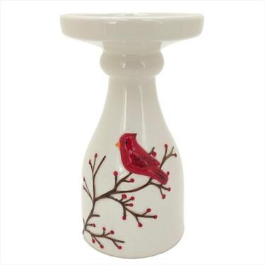 Imagem de Porta Velas Pássaro Vermelho Cerâmica Enfeite Mesa Posta Natal 16cm - 