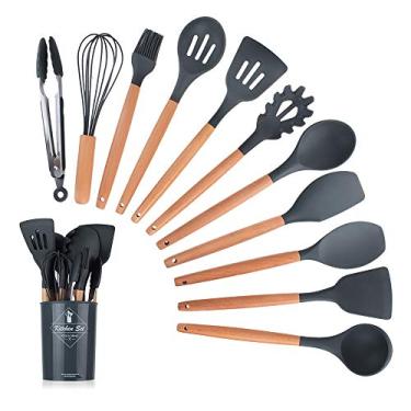 Imagem de Kiboule Cabo de madeira Silicone Utensílios de cozinha Conjunto de 11 peças Nove cores Opcional Cinza Escuro