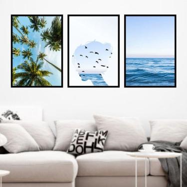 Imagem de Kit 3 Quadros Decorativos Coqueiros, Mulher e Mar