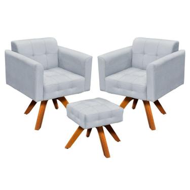 Imagem de Kit 02 Poltronas Giratória Elisa E 01 Puff Suede Base Madeira