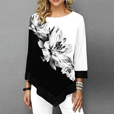 Imagem de Mingzhe Blusa feminina com estampa floral tamanho grande manga 3/4 mangas irregulares gola oco camisetas primavera camisetas tops casuais