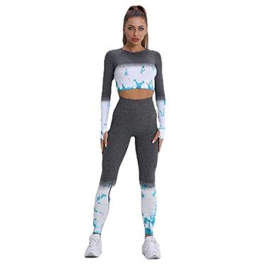 Imagem de Yajun Roupas de ioga sem costura roupas de treino para mulheres roupas esportivas academia agasalho fitness ternos manga longa leggings levanta bumbum, azul, P (peito: 32cm)