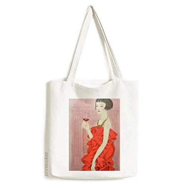 Imagem de Bolsa de lona com pintura chinesa Red Dress Beauty bolsa de compras casual bolsa de mão