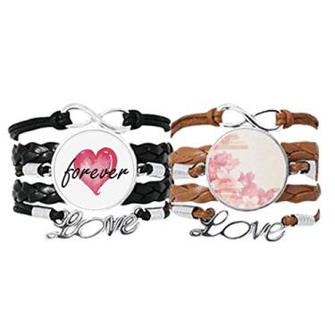 Imagem de DIYthinker Sakura Flower Pulseira Japonesa Rosa Padrão Pulseira de Mão Corda de Couro Forever Love Conjunto Duplo