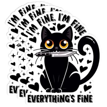 Imagem de Conjunto de 3 peças de 7,6 cm - I'm Fine Everything's Fine Adesivo engraçado tendência gato preto com faca, decalque de vinil à prova d'água para garrafas de água, copos, laptops, capacete, carros,