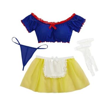 Imagem de Aranmei Lingerie sexy feminina de malha transparente cosplay conjunto de lingerie 4 peças (com meias), Azul + amarelo, GG