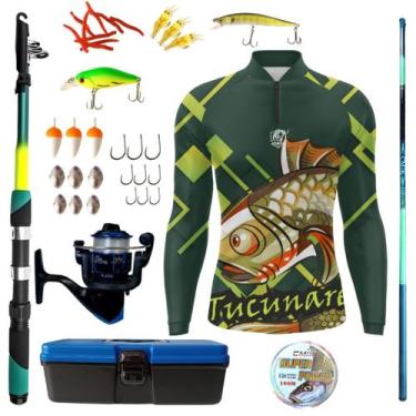 Imagem de Kit Camiseta De Pesca Mais Artigos Para Pescaria Vara Telescopica Isca