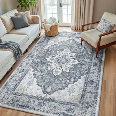 Imagem de RELEANY Tapetes de área 1,5 x 20,3 m, lavável, antiderrapante, estampa floral, vintage, tapete medalhão para sala de estar, quarto, sala de jantar, cinza claro, cinza e branco