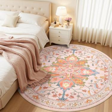 Imagem de RELEANY Tapetes de área de 1,8 m, lavável, antiderrapante, estampa floral, vintage, tapete medalhão para sala de estar, quarto, sala de jantar, rosa claro, colorido