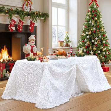 Imagem de B-COOL Toalha de mesa branca roseta branca 224 x 332 cm, toalha de mesa 3D, retangular, floral, casamento, aniversário, festa de Halloween, decorações de mesa