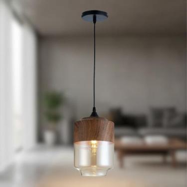 Imagem de Lustre Pendente Wood em Vidro Âmbar e Aço cor Madeira 26cm - Viena Luz