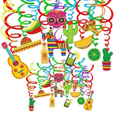 Imagem de Supla 30 peças Fiesta para pendurar espirais decorações Mexican Fiesta Cinco de Mayo festas espirais para pendurar espirais de parede decoração de teto com cacto sortido chili açúcar caveira pinata maracas sombrero chapéu taco limão recortes para decoração de teto espiral