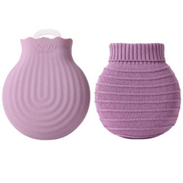 Imagem de Garrafa de água quente com capa de malha macia grande bolsa de água quente clássica livre de BPA para pescoço, dor no ombro e aquecedor de pés de mão, cólicas menstruais, compressa quente e terapia fria, roxo 1.550 ml