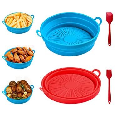 Imagem de Gorphi Forros de silicone para fritadeira a ar, forros de silicone reutilizáveis, [2 pacotes atualizados 2023 21,6 cm: vermelho + azul] forros dobráveis de silicone para fritadeira a ar/panela/cesta