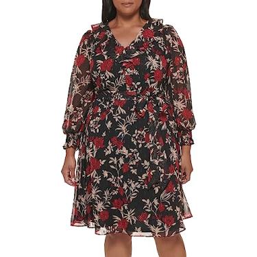 Imagem de Jessica Howard Vestido midi floral de chiffon com decote em V, Preto/vermelho, 25 Plus Size