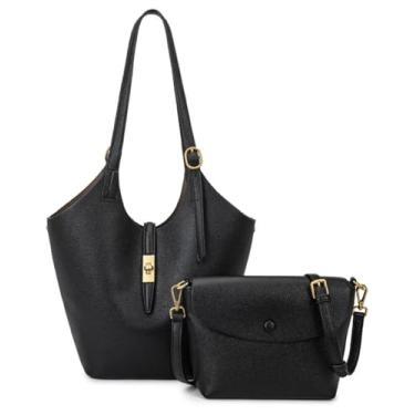 Imagem de Bolsa grande tipo sacola feminina de couro vegano bolsa de ombro moderna bolsa de trabalho casual bolsa transversal 2 peças, Preto, Medium