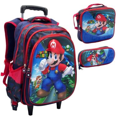 Imagem de Kit Mochila Infantil Rodinhas Escolar 3D - Mario