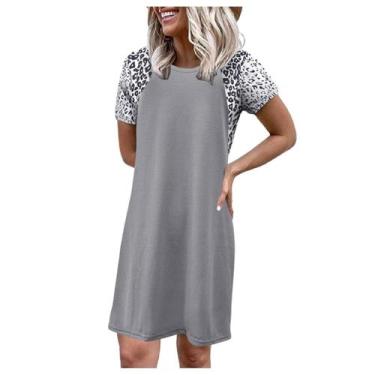 Imagem de Vestido feminino leopardo, manga curta, gola redonda, solto, confortáv