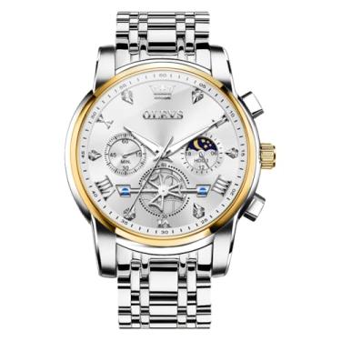 Imagem de OLEVS Relógio de pulso masculino prata diamante para negócios, fase da lua, analógico, quartzo, aço inoxidável, à prova d'água, cronógrafo, data, dois tons, luxuoso, casual