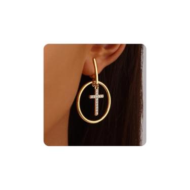 Imagem de Vissux Brincos femininos banhados a ouro 18 K, sem níquel e hipoalergênicos, brincos pendentes de cruz brilhante com strass leve, 4 cm