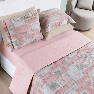 Imagem de Kit Cobre Leito Colcha Maris Queen Estampado Dupla Face Percalle 200 Fios 3 Peças Quadri Rosê