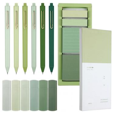 Imagem de Conjunto de papelaria estética verde Resurhang com post-its, 6 fitas corretivas, 6 canetas 0,5 mm e marcadores de página