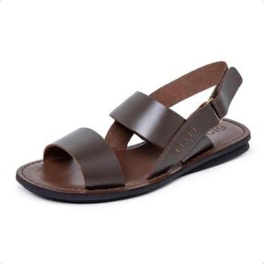 Imagem de Sandalia Couro Masculina Tira Autocolante Palmilha Acolchoada Solado Borracha Antiderra...